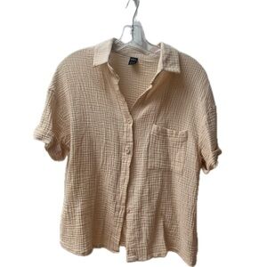 Short Sleeved Oversized Beige Button Down Shirt